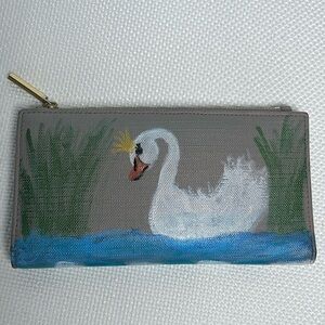 Hand Painted Grey Wallet Whimsical Swan Queen Checkerboard Gift Upcycled